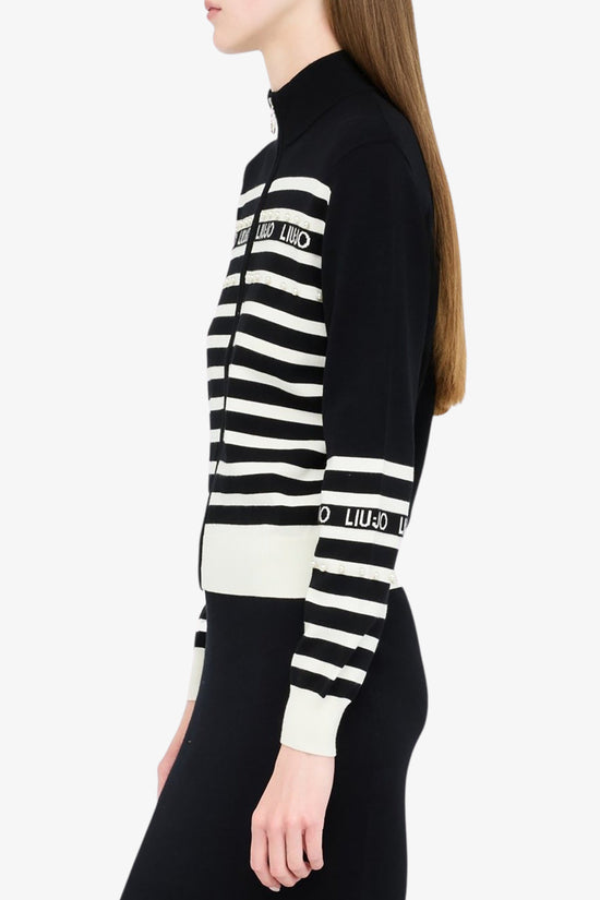 Cardigan Full Zip A Righe Con Dettaglio Perle-liu jo-Nero-Donna-Tf5214 ms63l 03n66-