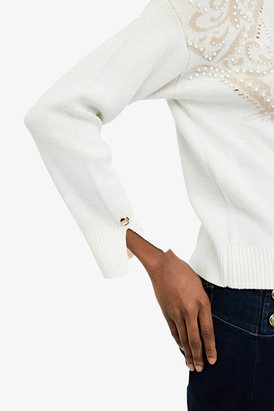 Maglione Girocollo In Lana Con Decorazioni-liu jo-Bianco-Donna-Tf5225 ma51i m9720-