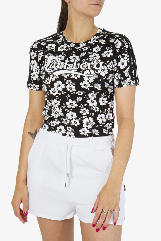 T-Shirt Corta Big Logo Stampa Fiori All-Over-carlsberg-Nero-Donna-Cbd4636-
