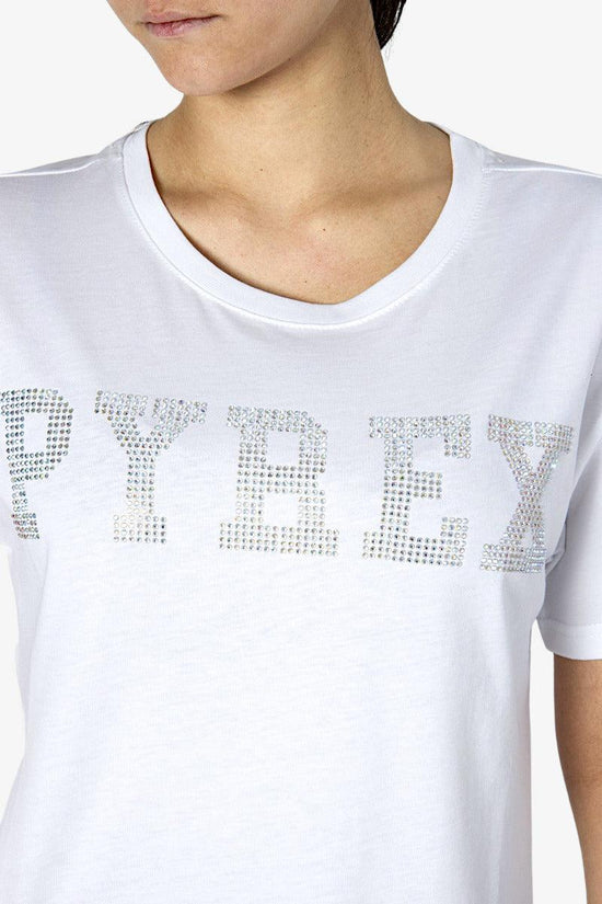 T-Shirt Corta Maniche Corte Big Logo Strass-pyrex-Bianco-Donna-22epb43211-