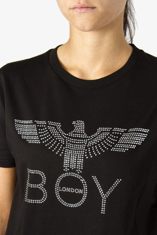 T-Shirt Maniche Corte Logo Strass-boy london-Nero-Donna-Bld3030-