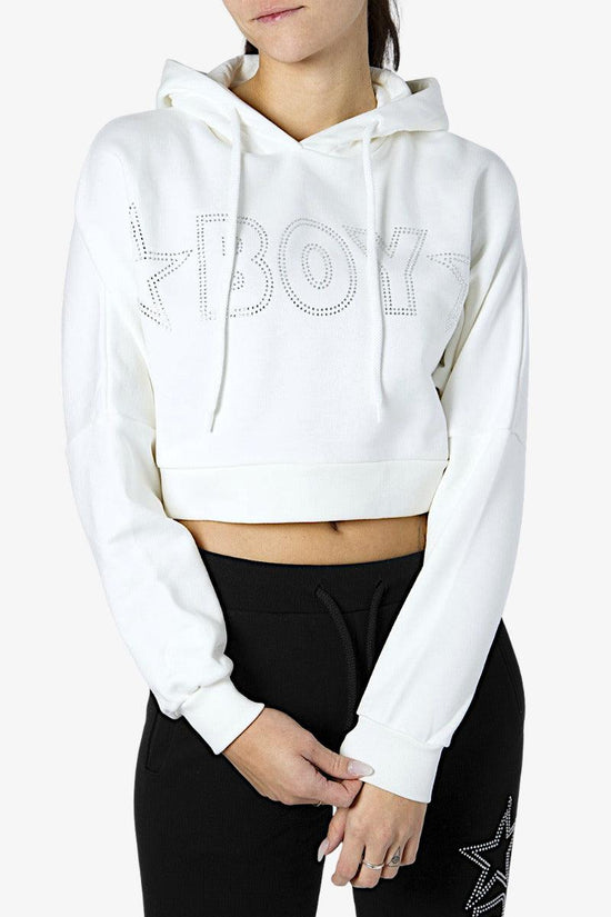 Felpa Corta Con Cappuccio Big Logo Strass-boy london-Bianco-Donna-Bld3195-