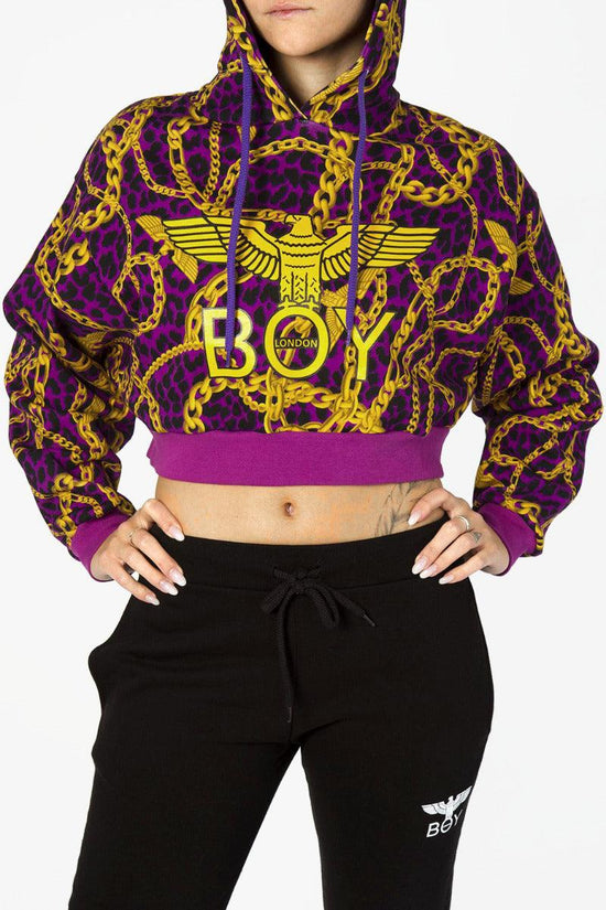 Felpa Corta Con Cappuccio Big Logo Stampa Animalier + Catene-boy london-Viola-Donna-Bld3234-