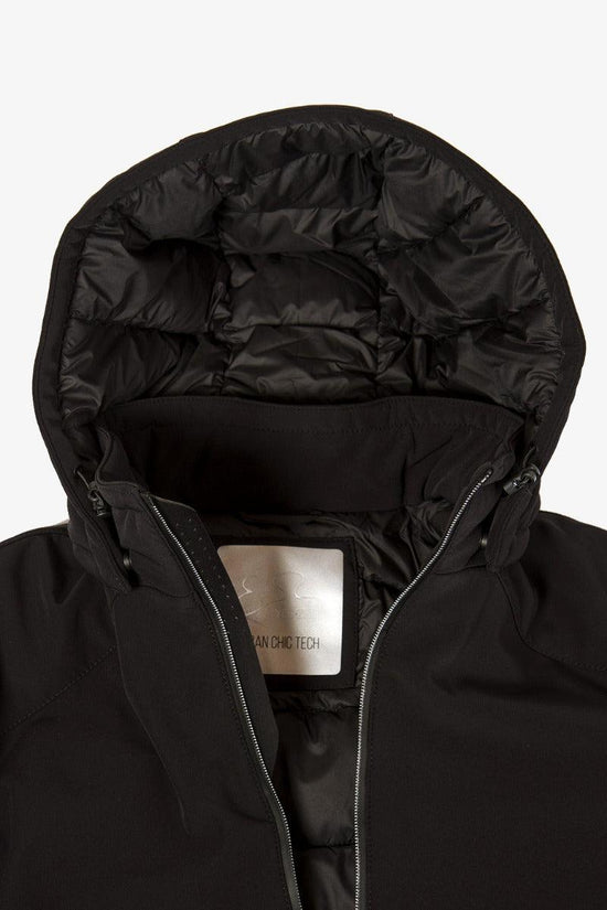 Piumino Lungo Soft Shell Full Zip Con Cappuccio-yes zee-Nero-Uomo-O834/nm00 0801-