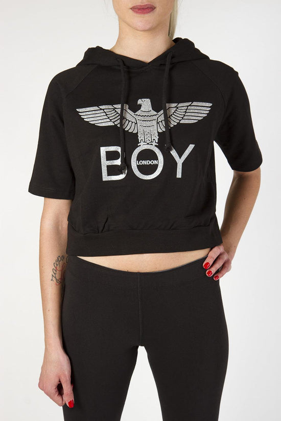 Felpa Con Cappuccio Corta A Maniche Corte Logo Glitter-boy london-Nero-Donna-Bld2008-