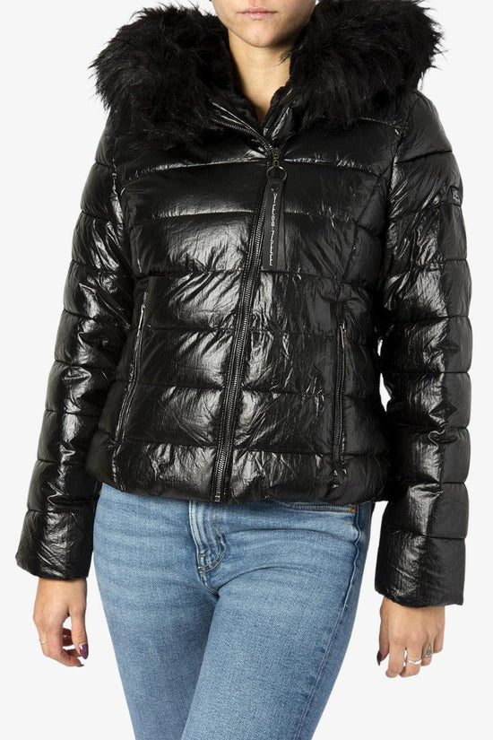 Piumino Corto Interno Pelo Full Zip Asimmetrica Con Cappuccio Con Pelo Esterno-yes zee-Nero-Donna-J006/gt00 0801-