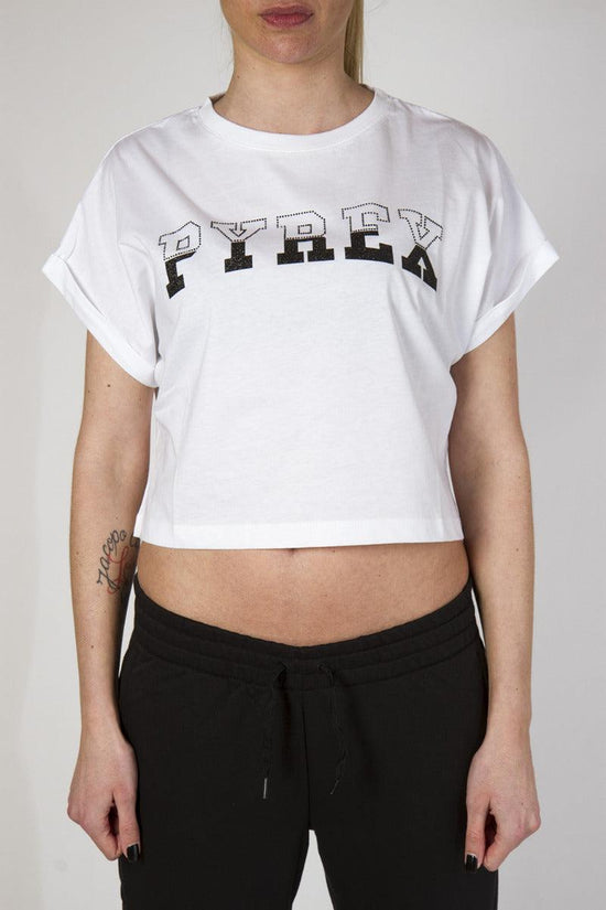 T-Shirt Corta Logo Glitter e Strass-pyrex-Bianco-Donna-20epb40854-