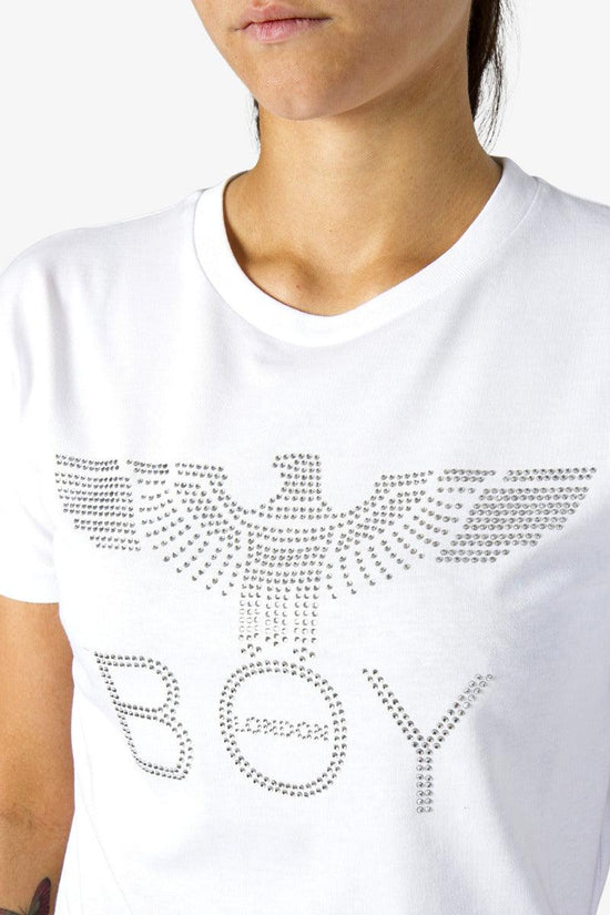 T-Shirt Maniche Corte Logo Strass-boy london-Bianco-Donna-Bld3030-