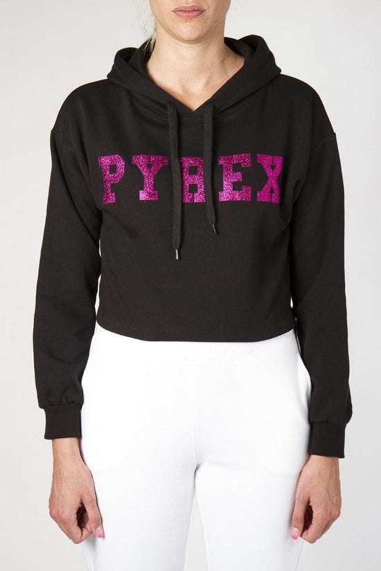 Felpa Corta Asimmetrica Con Cappuccio E Logo Glitter-pyrex-Nero-Donna-20ipb41462-