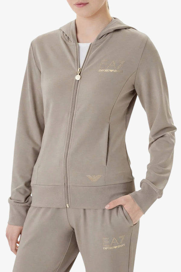 emporio armani ea7 Felpa Full Zip Con Cappuccio Evolution Logo Borchiette Beige Donna, foto 1