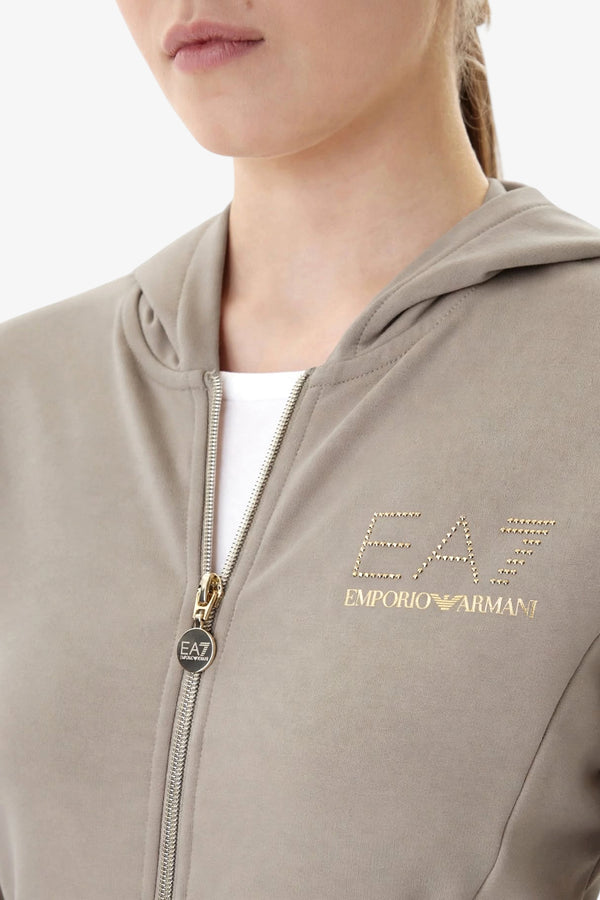 emporio armani ea7 Felpa Full Zip Con Cappuccio Evolution Logo Borchiette Beige Donna, foto 2