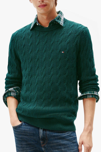 tommy hilfiger Maglione Girocollo In Lana Intrecciata Con Logo Bandierina Ricamato Verde Uomo
