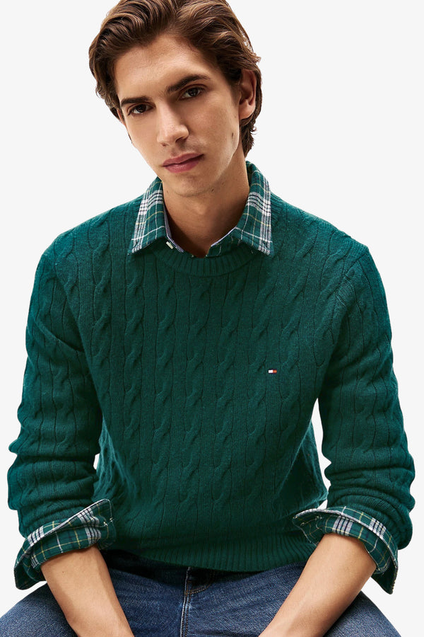 tommy hilfiger Maglione Girocollo In Lana Intrecciata Con Logo Bandierina Ricamato Verde Uomo, foto 2