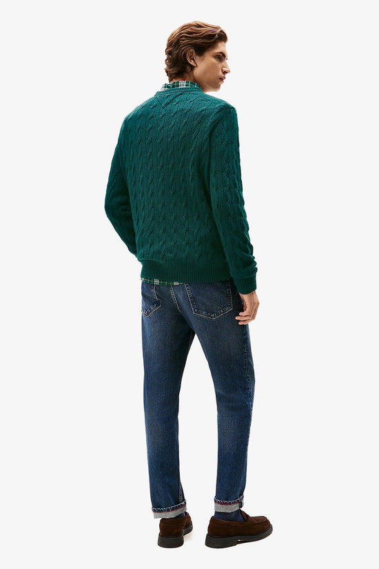  Maglione Girocollo In Lana Intrecciata Con Logo Bandierina Ricamato-tommy hilfiger-Verde-Uomo-Mw0mw40442 mq8-3  