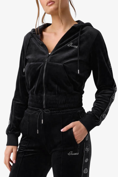 guess Felpa Corta Full Zip Con Cappuccio In Velluto E Dettagli Strass Amalia Nero Donna