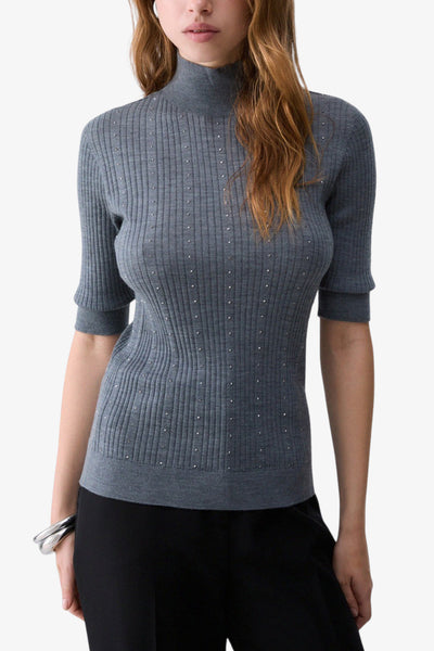 liu jo Dolcevita Maglione Maniche 3/4 In Lana A Coste Con Strass Grigio Donna, foto 1
