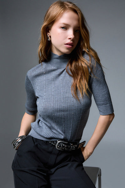 liu jo Dolcevita Maglione Maniche 3/4 In Lana A Coste Con Strass Grigio Donna, foto 3
