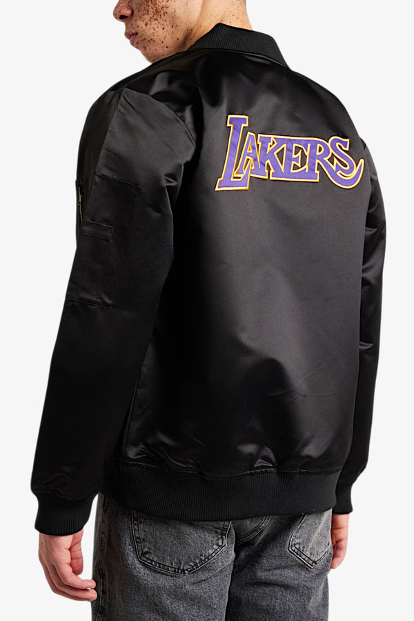 mitchell&ness Giacca Bomber Lightweight Satin Vintage Logo Los Angeles Lakers Nero Uomo, foto 4
