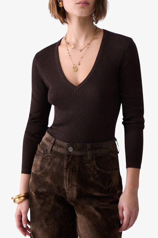  Maglia Maniche Lunghe Scollo a V In Lurex a Coste-liu jo-Marrone-Special_-Wf6416 ms46j l9520-1  