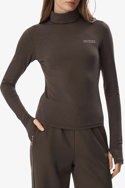 guess T-Shirt Maniche Lunghe Con Collo Alto Greta Marrone Donna