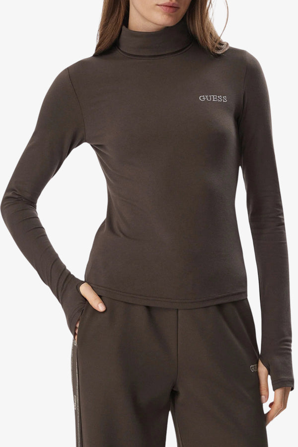 guess T-Shirt Maniche Lunghe Con Collo Alto Greta Marrone Donna, foto 1