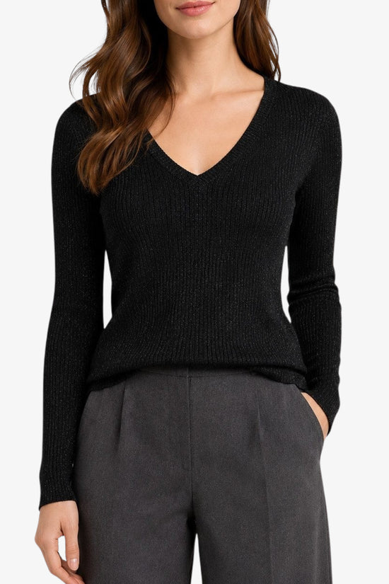  Maglia Maniche Lunghe Scollo a V In Lurex a Coste-liu jo-Nero-Special_-Wf6416 ms46j 03u88-1  
