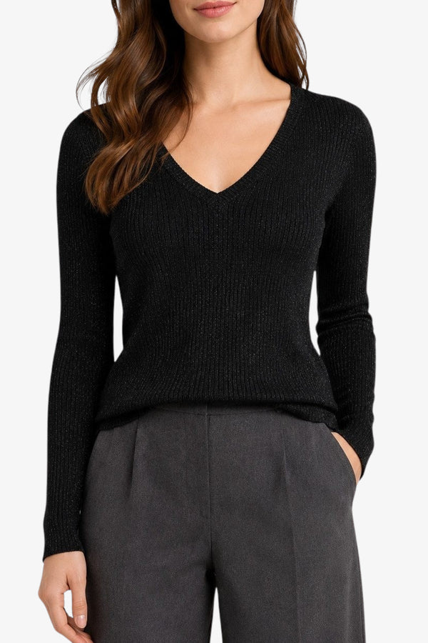 liu jo Maglia Maniche Lunghe Scollo a V In Lurex a Coste Nero Donna, foto 1