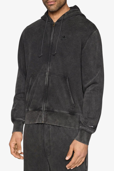 champion Felpa Full Zip Con Cappuccio Con Logo Ricamato Effetto Slavato Nero Uomo, foto 1