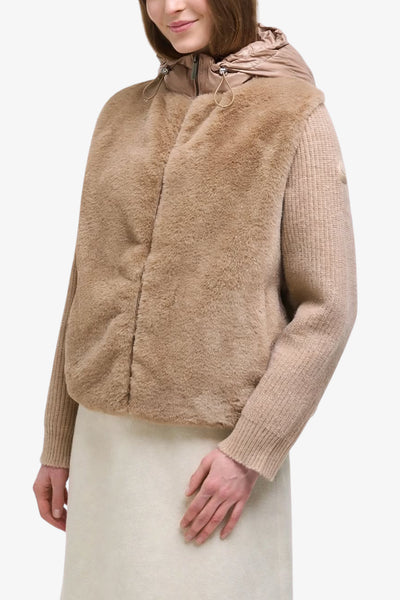 colmar Giacca Full Zip Con Cappuccio Ibrida Piumino E Maglia Con Pelliccia Sintetica Beige Donna