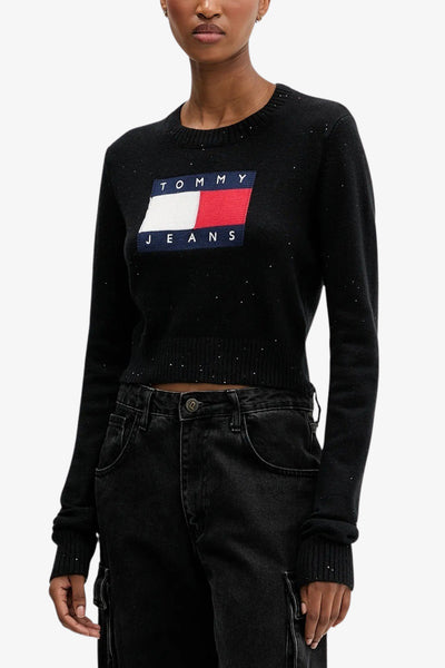 tommy jeans Maglione Girocollo Corto Slim Fit Con Pailettes E Logo Bandiera Nero Donna