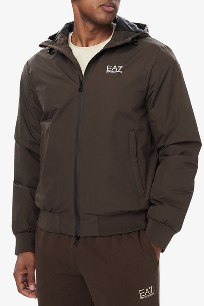 emporio armani ea7 Giacca Full Zip Con Cappuccio Core Identity In Tessuto Tecnico Marrone Uomo