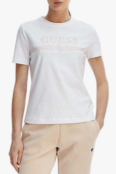 guess T-Shirt Maniche Corte Stampa Logo Con Strass Siena Bianco Donna