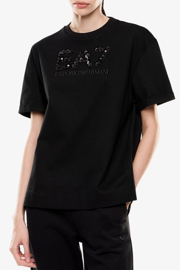 emporio armani ea7 T-Shirt Maniche Corte Logo Series Con Paillettes Nero Donna, foto 1