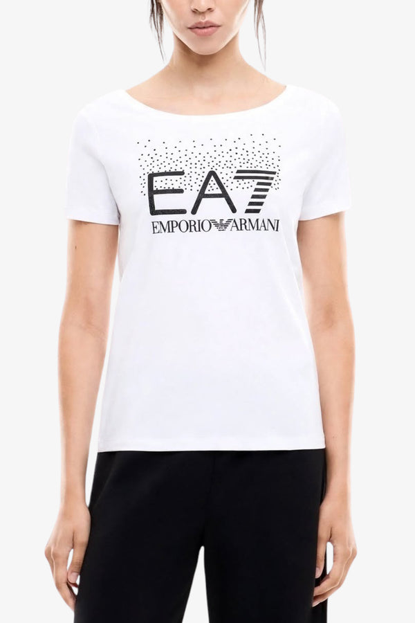 emporio armani ea7 T-Shirt Maniche Corte Logo Series Con Glitter E Borchie Bianco Donna, foto 1