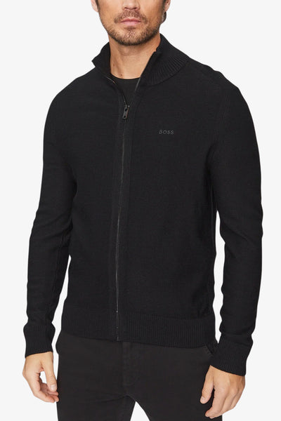 boss Cardigan Full Zip In Misto Lana Con Logo Ricamato Nero Uomo