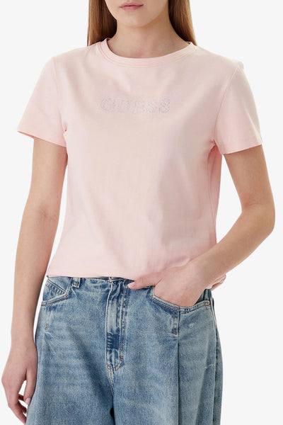 guess T-Shirt Maniche Corte Logo Strass Kiara Rosa Donna