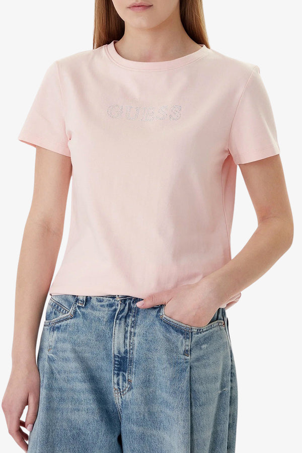 guess T-Shirt Maniche Corte Logo Strass Kiara Rosa Donna, foto 1