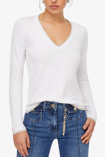 liu jo Maglione Leggero Bordi Lurex Scollo a V Bianco Donna