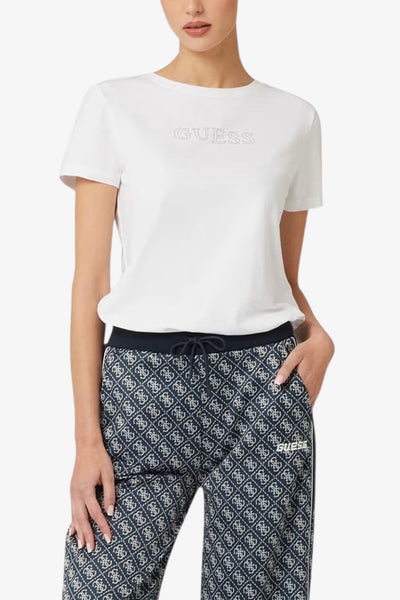 guess T-Shirt Maniche Corte Logo Strass Kiara Bianco Donna