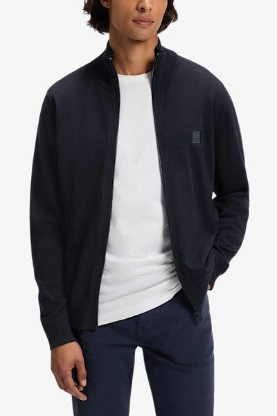 boss Cardigan Full Zip In Cotone E Cashmere Con Toppa Logo Blu Uomo
