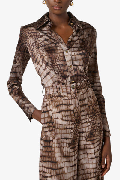 elisabetta franchi Camicia Maniche Lunghe In Raso Con Stampa Alligatore Marrone Donna