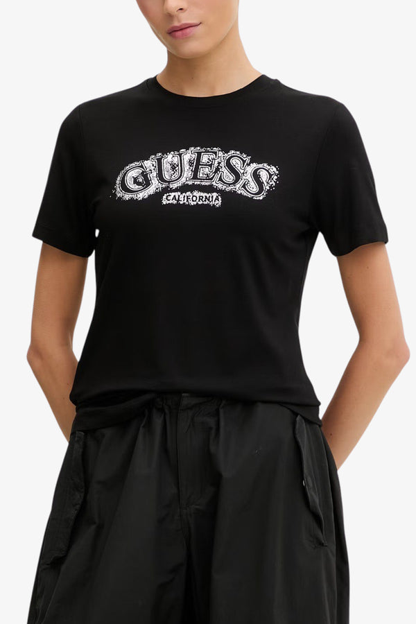guess T-Shirt Maniche Corte Logo Metal Leona Nero Donna, foto 1