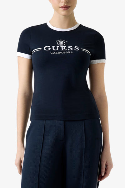 guess T-Shirt Maniche Corte Logo Ricamato Mila Blu Donna