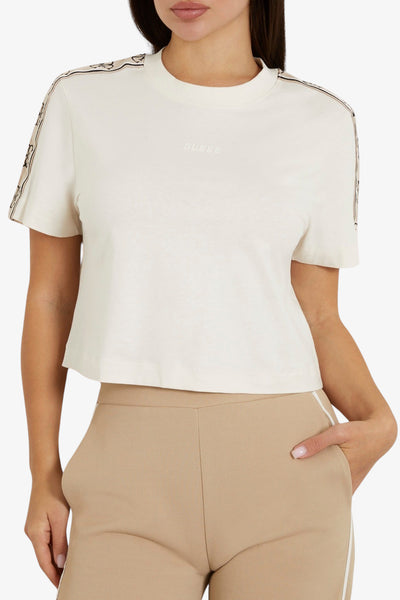 guess T-Shirt Corta Bande Logo Britney Bianco Donna, foto 1