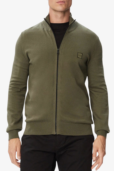 boss Cardigan Full Zip In Cotone E Cashmere Con Toppa Logo Verde Uomo