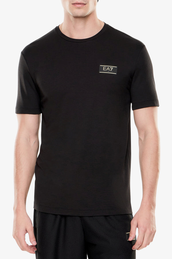 emporio armani ea7 T-Shirt Maniche Corte Premium Label In Misto Viscosa Stretch Nero Uomo, foto 1