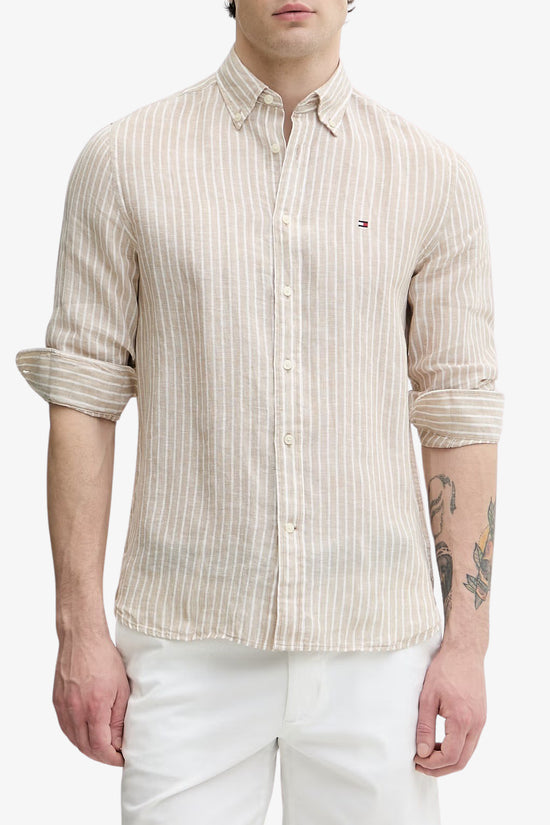  Camicia Maniche Lunghe A Righe Button Down In Puro Lino-tommy hilfiger-Beige-Special_-Mw0mw42400 0bk-1  