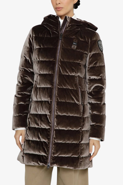 blauer Piumino Full Zip Con Cappuccio In Velluto Lucido Velly Long Marrone Donna, foto 1