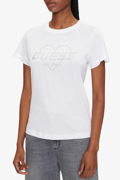 guess T-Shirt Maniche Corte Logo Cuore Strass Narciso Bianco Donna