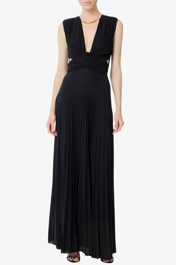 elisabetta franchi Vestito Lungo Red Carpet In Jersey Lurex Con Applicazione Gioiello Nero Donna, foto 1